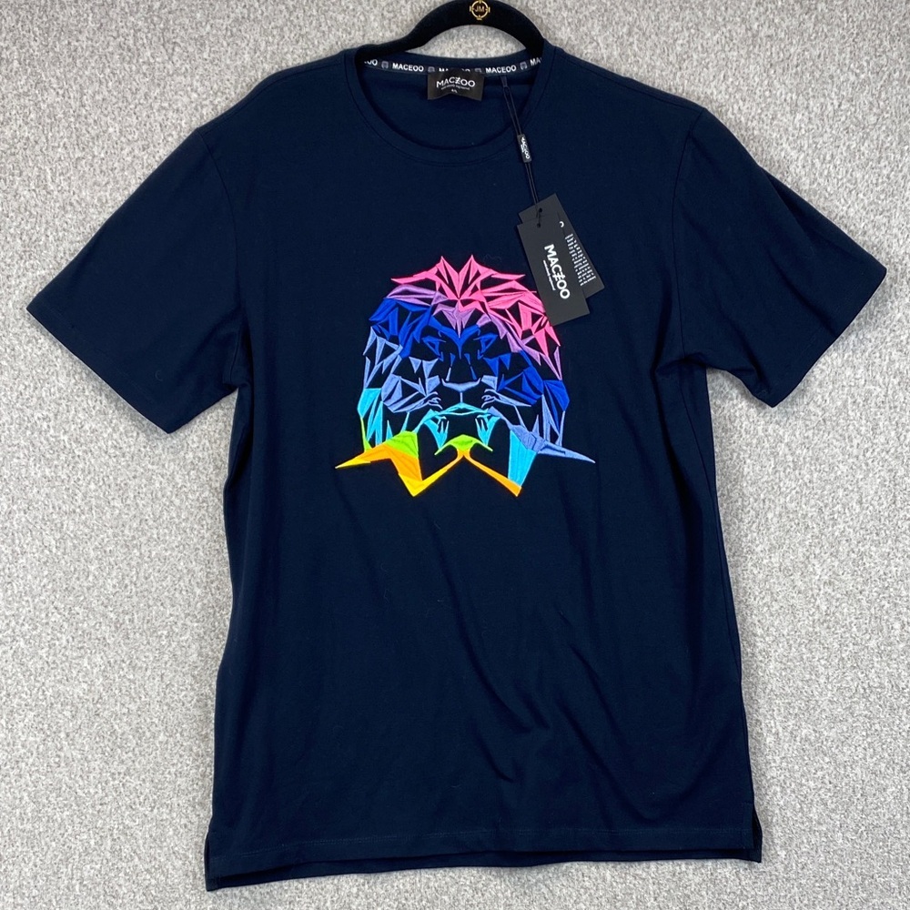 Maceoo navy t-shirt lion logo L multicolor embroidered neon